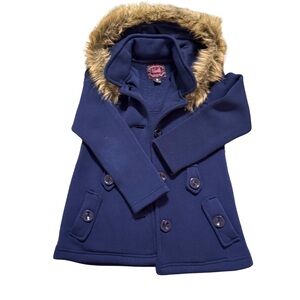 Navy Blue Kids Coat with Faux Fur Hood